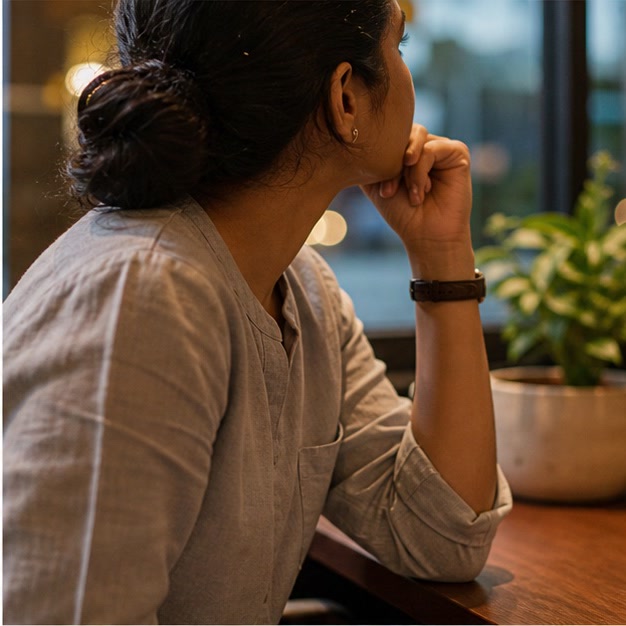 Verified doctor seated by a window in a calm cafe setting.