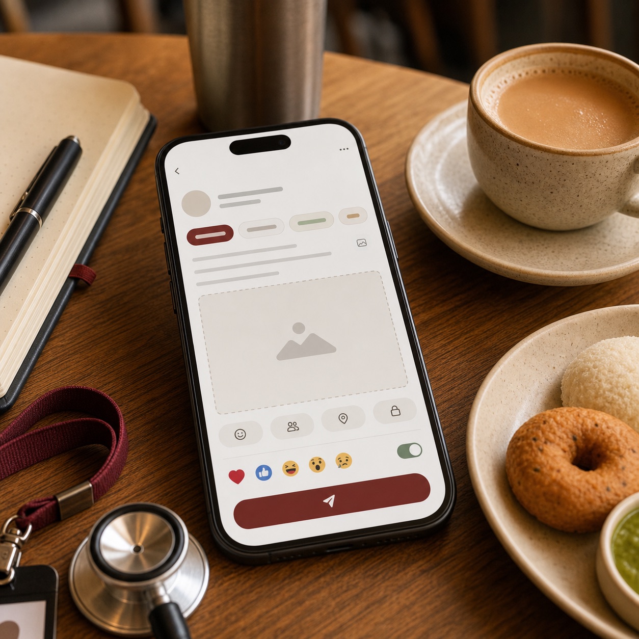 A phone showing an abstract profile form on a doctors' common-room table.